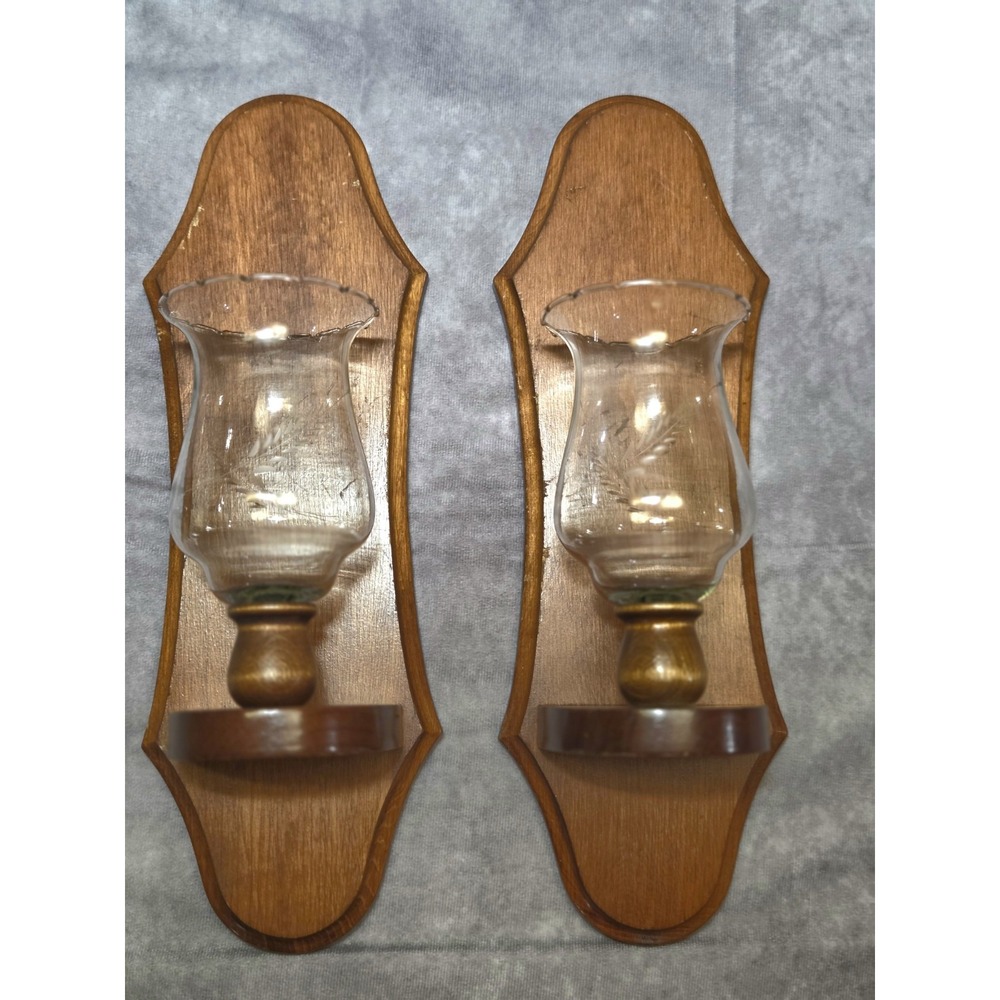 Vintage Pair Wooden Wall Sconces Candle Holders with Glass Votives Holders MCM